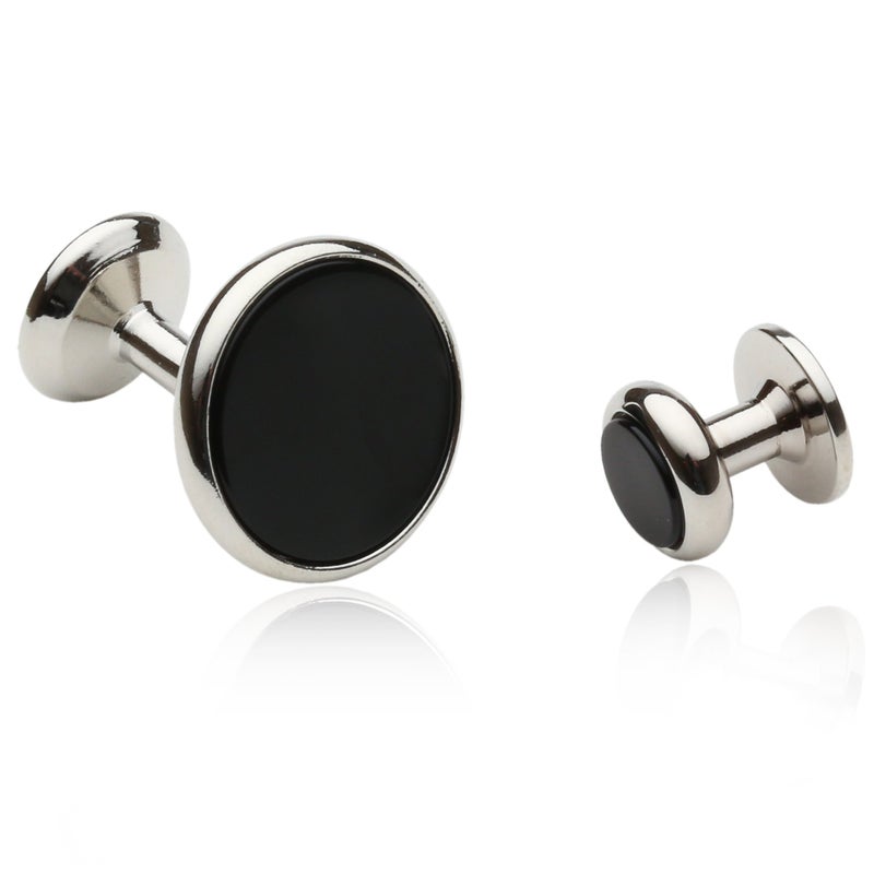 Cuff-Daddy Mens Black Onyx and Silver Cufflinks Studs Tuxedo Formal Set with Presentation Box Groom Groomsmen Wedding - Image 2