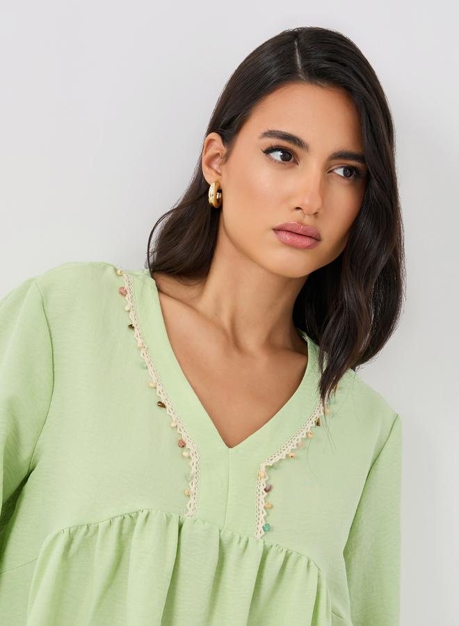 Styli Embellished Lace Detail V-Neck Peplum Blouse - Image 3