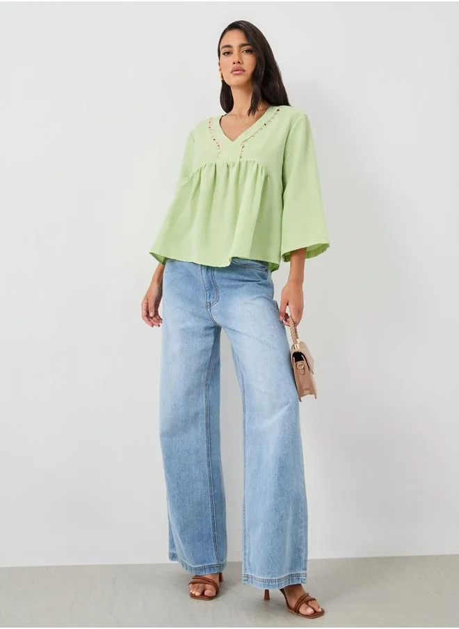 Styli Styli Embellished Lace Detail V-Neck Peplum Blouse