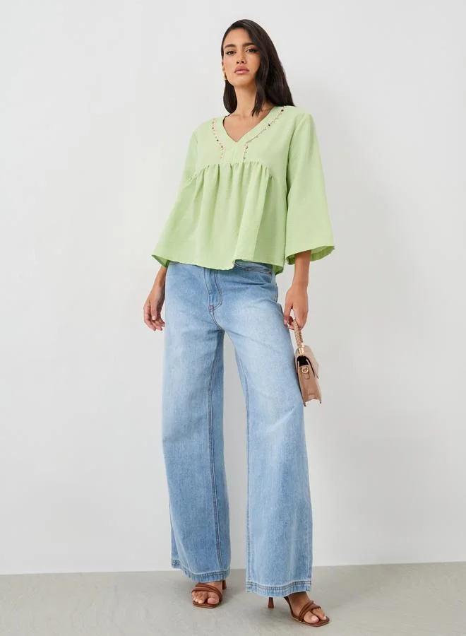 Styli Embellished Lace Detail V-Neck Peplum Blouse