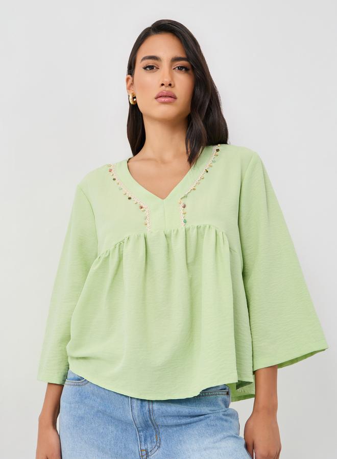 Styli Embellished Lace Detail V-Neck Peplum Blouse - Image 1