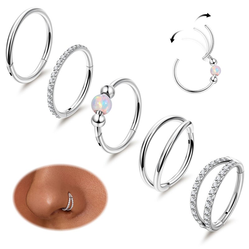 LOREMOW 5PCS 18G Clicker Nose Ring Hoops for Women Men Hinged Double Cartilage Nose Hoop Surgical Steel Tragus Helix Rook Opal CZ Septum Lip Ring Hoop Earrings Nose Piercing Jewelry Silver 8MM - Image 1