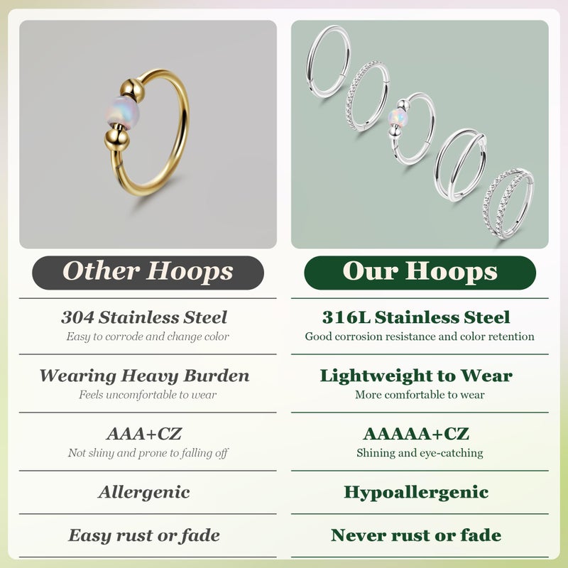 LOREMOW 5PCS 18G Clicker Nose Ring Hoops for Women Men Hinged Double Cartilage Nose Hoop Surgical Steel Tragus Helix Rook Opal CZ Septum Lip Ring Hoop Earrings Nose Piercing Jewelry Silver 8MM - Image 4