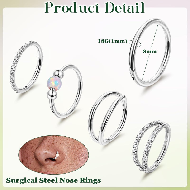 LOREMOW 5PCS 18G Clicker Nose Ring Hoops for Women Men Hinged Double Cartilage Nose Hoop Surgical Steel Tragus Helix Rook Opal CZ Septum Lip Ring Hoop Earrings Nose Piercing Jewelry Silver 8MM - Image 2