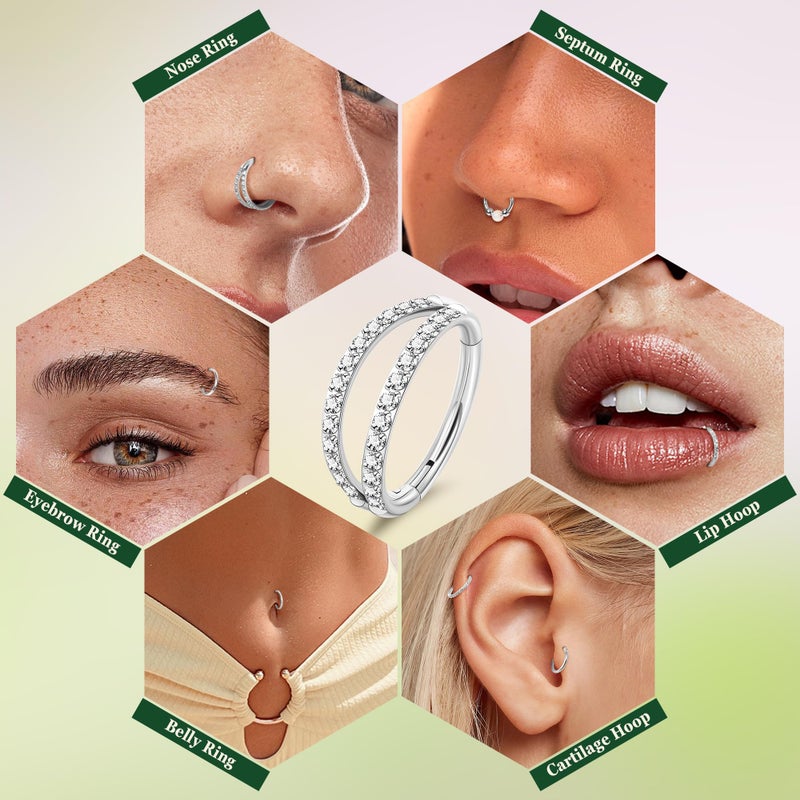 LOREMOW 5PCS 18G Clicker Nose Ring Hoops for Women Men Hinged Double Cartilage Nose Hoop Surgical Steel Tragus Helix Rook Opal CZ Septum Lip Ring Hoop Earrings Nose Piercing Jewelry Silver 8MM - Image 5