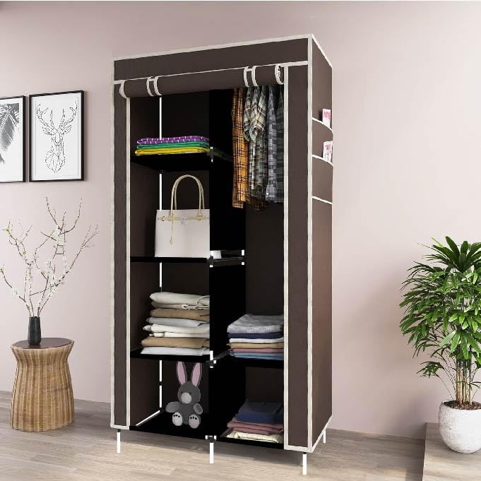 GTC Plastic Brown Collapsible Wardrobe Clothes Almira, 1 Hanging Space, 6 Shelves, 1 Side Pocket (Non-Woven Fabric, 13 x 26 x 61 Inch) 8800-1 - Image 1