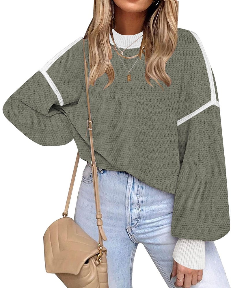Disamer Fall Clothes for Women 2026 Trendy Fashion Oversized Sweaters Color Block Long Sleeve Knited Pullover Tops Winter Outfits,Green,Large - Image 1