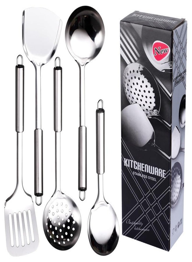 DYAYGPRGP Stainless Steel Cooking Utensils Set, 5 Pcs Stainless Steel Kitchen Utensils Set, Wok Utensils Set Include Wok Ladle, Slotted Spoon, Soup, Wok Spatula and Slotted Spatula - Image 1