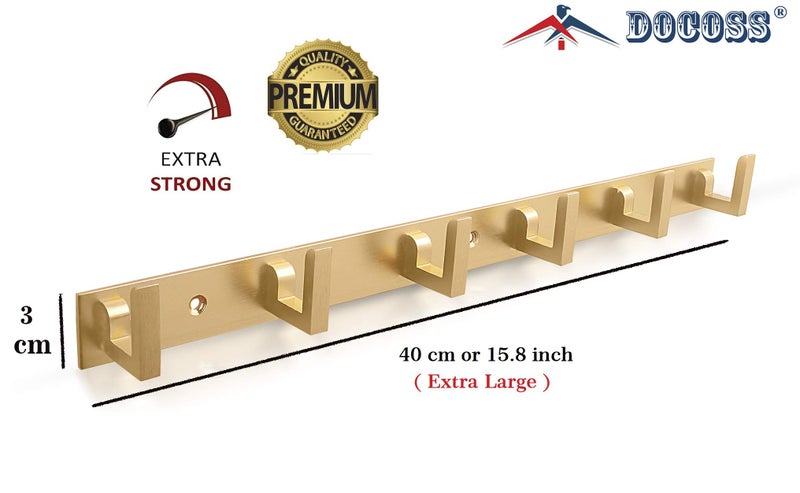 DOCOSS-Exclusive Extra Long 40 cm Gold 6 Pin Metal Bathroom Cloth Hooks Hanger Door Wall Robe Hooks Rail for Hanging Keys,Clothes,Towel (Pack of 1) - Image 3