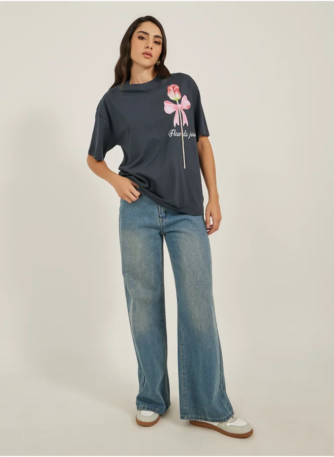 Styli Graphic Print Round Neck Oversized T-Shirt