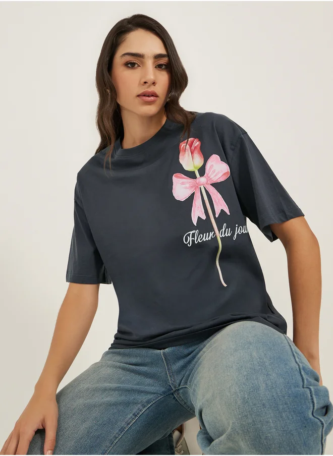 Styli Graphic Print Round Neck Oversized T-Shirt