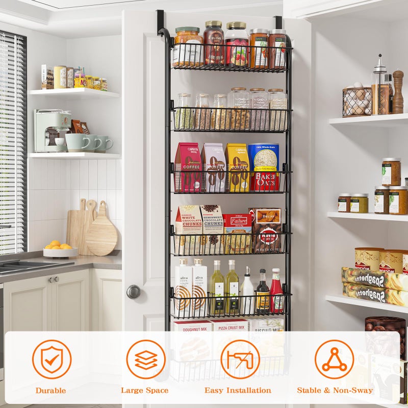 MIAOLI Over the Door Pantry Organizers and Storage, 6-Tier Spice Rack, Home & Kitchen Storage Shelves for Cabinet, Large Capacity Hanging Seasoning Organizer, Laundry Room Organization, Black - Image 4