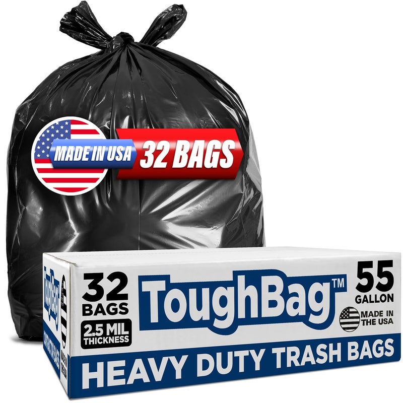 ToughBag 55 Gallon Trash Bags 32 Count Heavy Duty Trash Bags Black Garbage Bags 25 Mil Made in USA