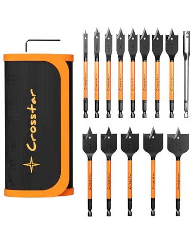 Crosstar 13-Piece Spade Drill Bit Set with 6" Extension, Black Oxide Coated, 1/4" to 1-1/2" Sizes, for Woodworking, DIY & Electrical Projects - Image 1