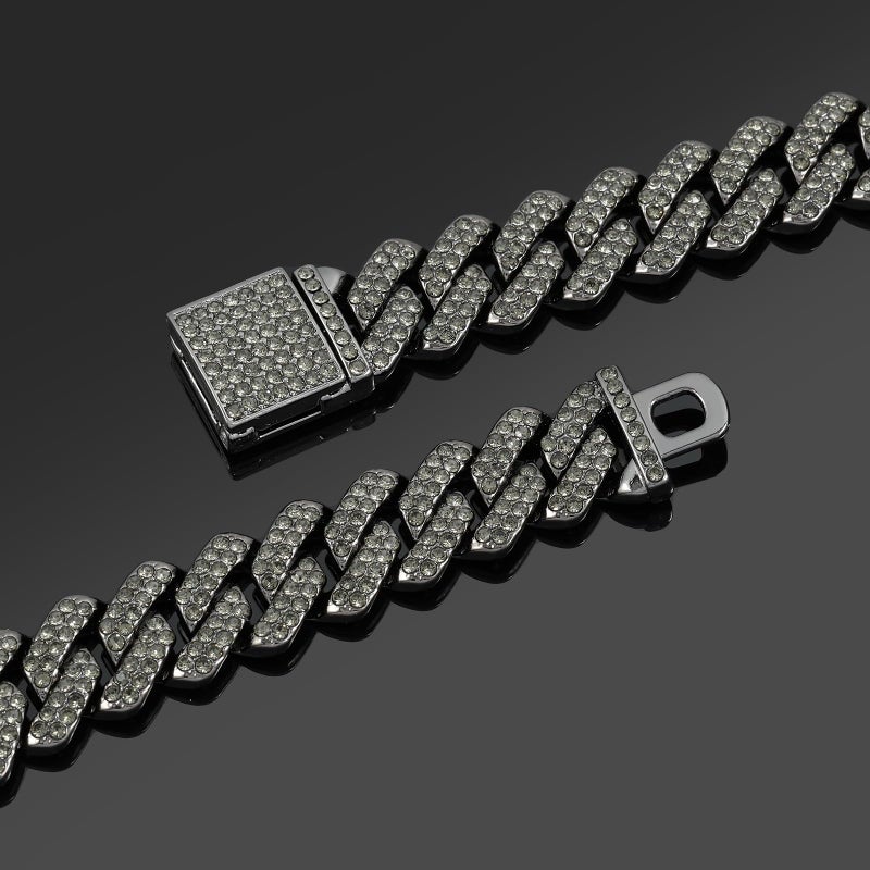 JUNVirtuous 2 Pieces Cuban Link Chain and Bracelet - Iced Out Miami Cuban Hip Hop Jewelry (Black, 8" and 20" Chain) - Image 4