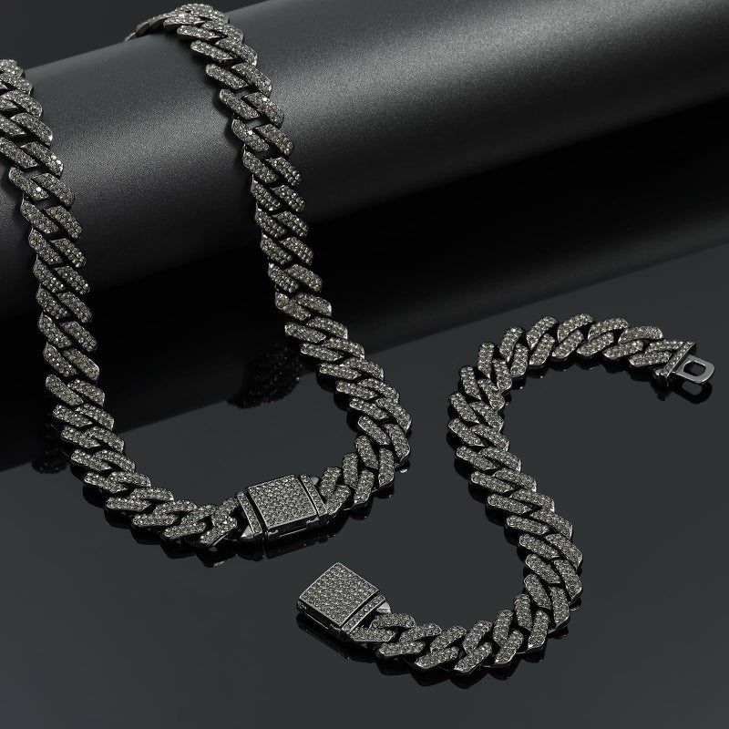 JUNVirtuous 2 Pieces Cuban Link Chain and Bracelet - Iced Out Miami Cuban Hip Hop Jewelry (Black, 8" and 20" Chain) - Image 5