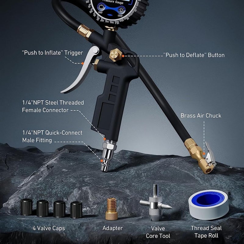 Digital Air Pressure Gauge - Digital Quick Connect with Inflator - Truck Tire Pressure Gauge Inflator - for Truck Rv Motorcycle Trailer Home Workshop Garage Daily Travel - Image 4