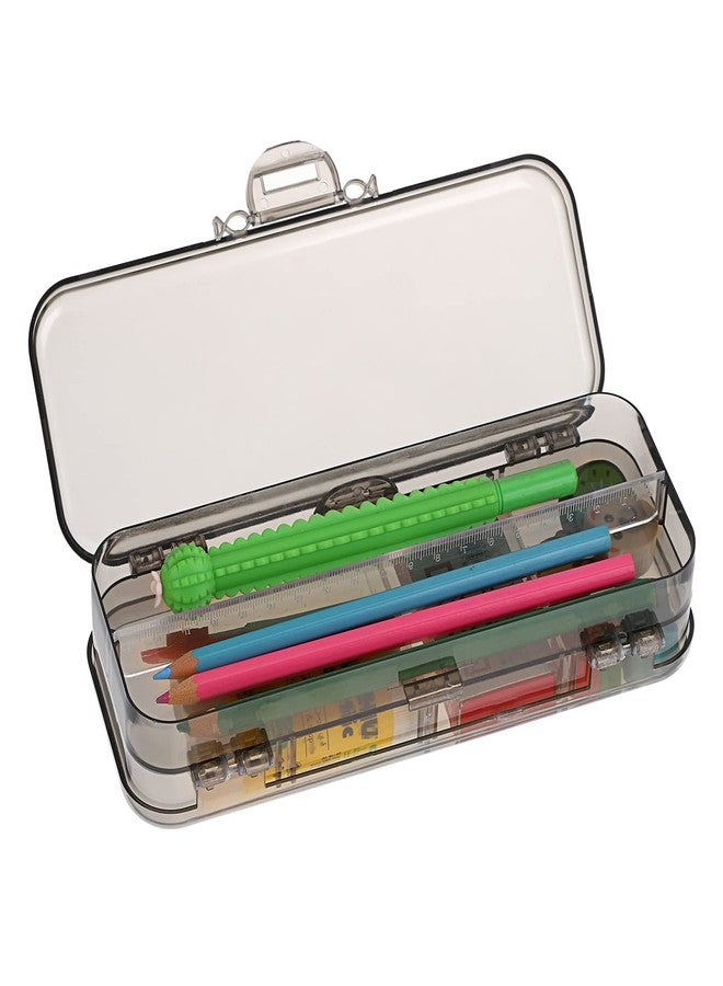 BTSKY Double Deck Pencils Box Clear Plastic Stationery Box with 4 Removable Ruler Dividing Spacers Multi-grid Home Utility Boxes with 6 Compartments for Pencils Erasers Clips (Clear Black) - Image 2