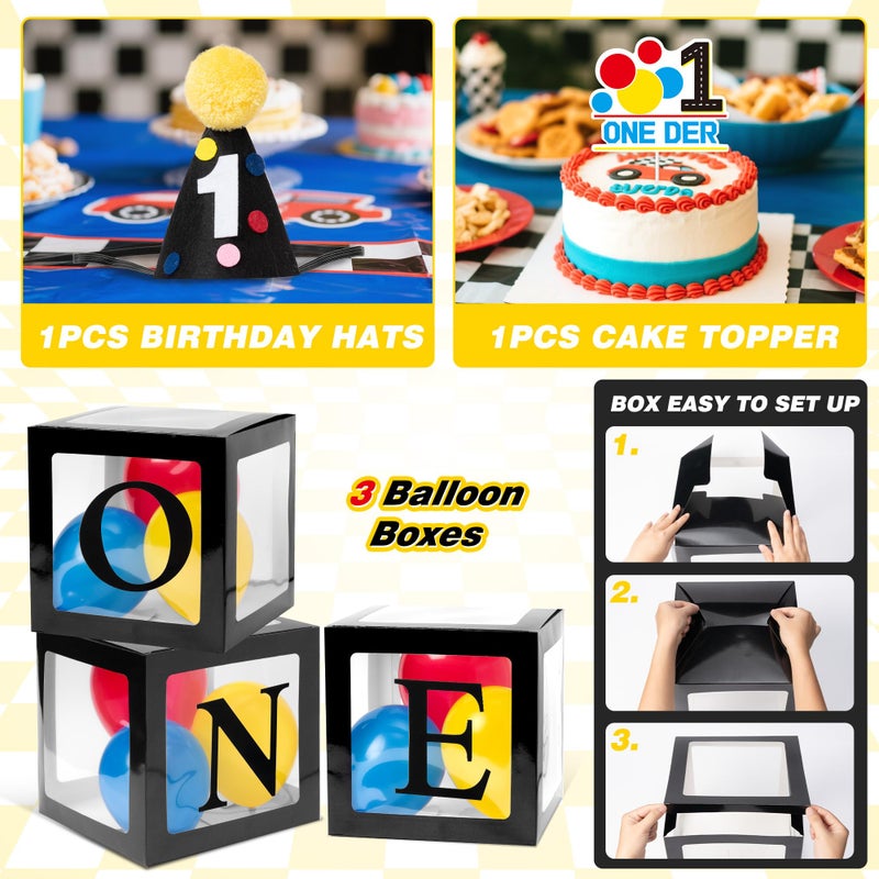 Z1juce Fast One Birthday Decorations for Boys - 1st Race Car Theme Party Supplies for Baby Shower Decoration Include Birthday Hat Cake Topper Backdrop Tablecloth Photo Banner Arch Balloon Boxes Poster - Image 5