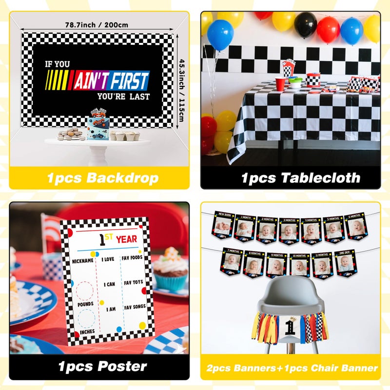 Z1juce Fast One Birthday Decorations for Boys - 1st Race Car Theme Party Supplies for Baby Shower Decoration Include Birthday Hat Cake Topper Backdrop Tablecloth Photo Banner Arch Balloon Boxes Poster - Image 4