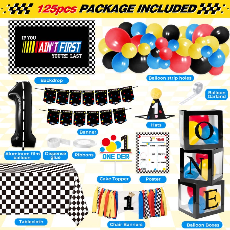 Z1juce Fast One Birthday Decorations for Boys - 1st Race Car Theme Party Supplies for Baby Shower Decoration Include Birthday Hat Cake Topper Backdrop Tablecloth Photo Banner Arch Balloon Boxes Poster - Image 3