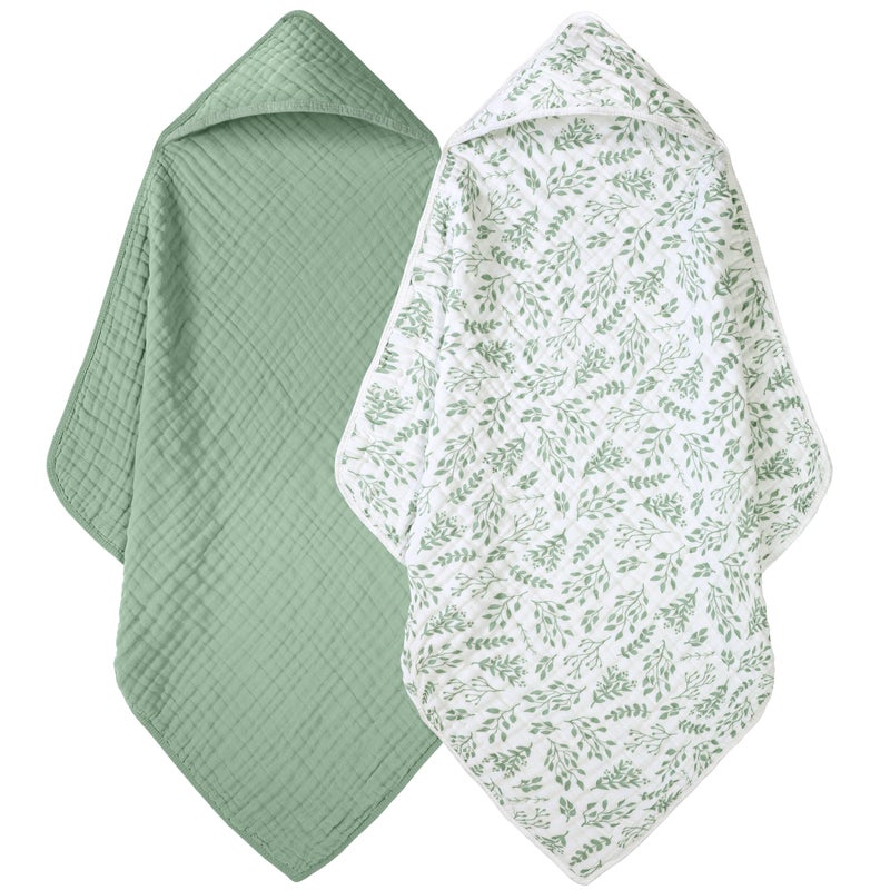 FIEMOL Baby Bath Towels, 100% Muslin Cotton Hooded Baby Towels for Newborn, Infant and Toddler, 2 Pack Soft and Absorbent Unisex Bath Essentials with Large 32x32Inch Size - Image 1
