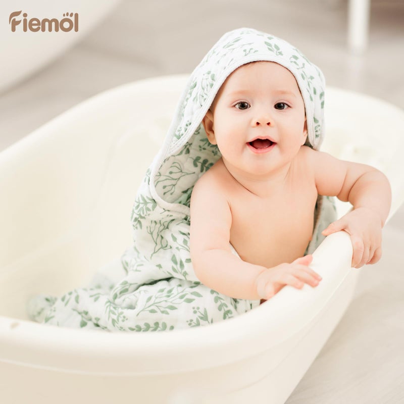 FIEMOL Baby Bath Towels, 100% Muslin Cotton Hooded Baby Towels for Newborn, Infant and Toddler, 2 Pack Soft and Absorbent Unisex Bath Essentials with Large 32x32Inch Size - Image 2