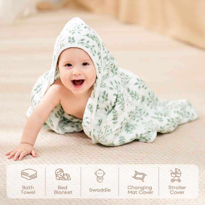 FIEMOL Baby Bath Towels, 100% Muslin Cotton Hooded Baby Towels for Newborn, Infant and Toddler, 2 Pack Soft and Absorbent Unisex Bath Essentials with Large 32x32Inch Size - Image 5