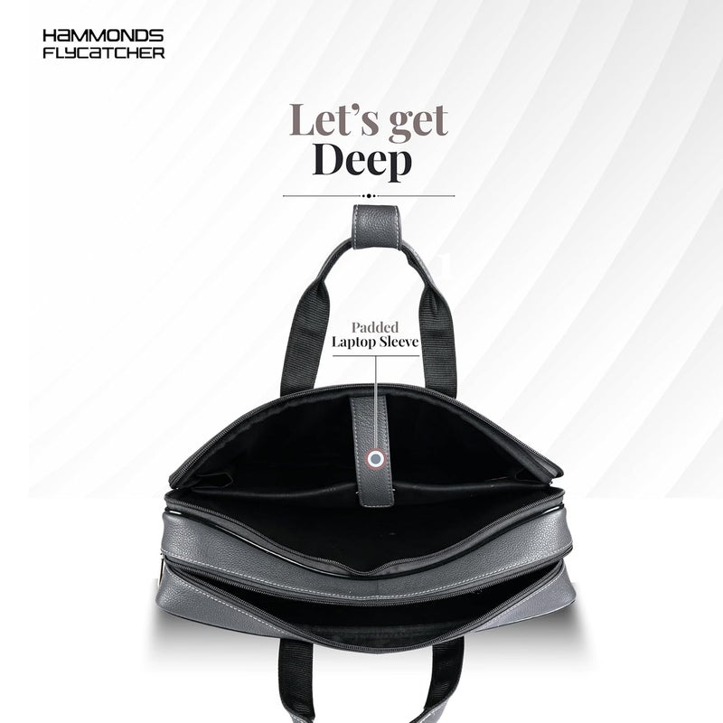 HAMMONDS FLYCATCHER Genuine Leather Office Bag for Men, 15.6" Professional Leather Laptop Bag for Men for Office, Travel, Daily Use, Adjustable Strap & Multi Compartments - 1 Year Warranty - Grey - Image 4