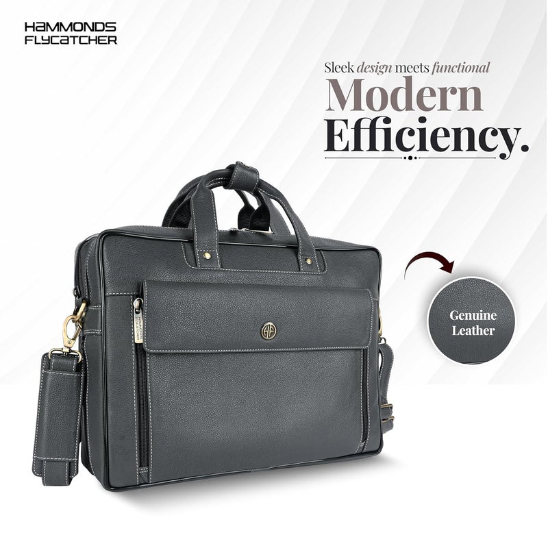 HAMMONDS FLYCATCHER Genuine Leather Office Bag for Men, 15.6" Professional Leather Laptop Bag for Men for Office, Travel, Daily Use, Adjustable Strap & Multi Compartments - 1 Year Warranty - Grey - Image 2