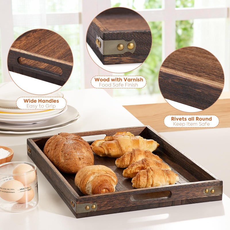 Yangbaga Serving Trays for Party-17In Large Serving Tray with Handles,Wooden Coffee Table Tray&Charcuterie Boards,Serving Platter for Breakfast in Bed Tray,Decorative Rectangular Tray for Ottoman/BBQ/Kitchen - Image 3