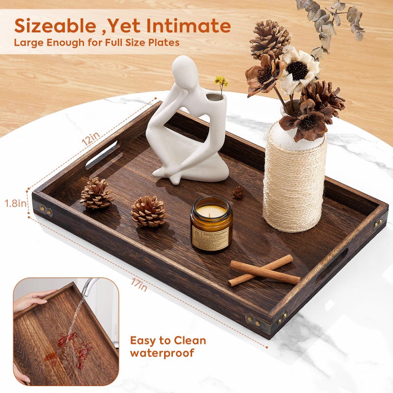 Yangbaga Serving Trays for Party-17In Large Serving Tray with Handles,Wooden Coffee Table Tray&Charcuterie Boards,Serving Platter for Breakfast in Bed Tray,Decorative Rectangular Tray for Ottoman/BBQ/Kitchen - Image 2