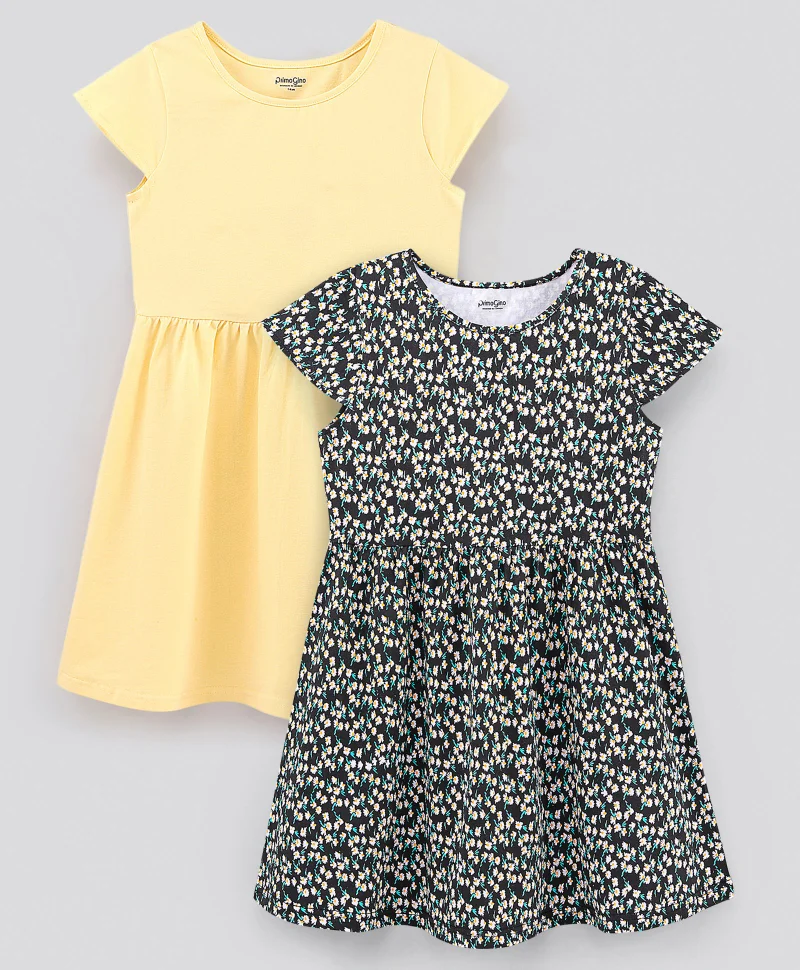 Primo Gino Primo Gino Cap Sleeves Frock Solid & All Floral Print Pack of 2 - Yellow Black