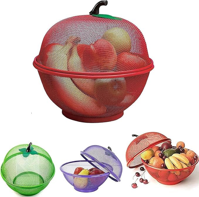KIDINGTON Apple Shape Net Fruits Basket for Kitchen Fruit Basket with Net Cover Vegetables Fruit Bowl for Dining Table Fruit Storage Basket with lid - Image 3