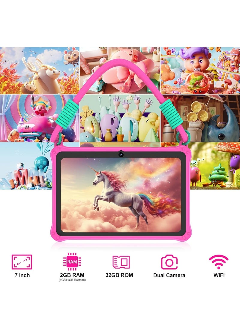 7 inch Android Tablet for Kids, WiFi Kids Tablet, 2GB+2GB RAM 32GB ROM Quad-Core Toddler Tablet with Shockproof Case, Bluetooth, WiFi, Parental Control, Dual Camera,  Educational Games (Pink)