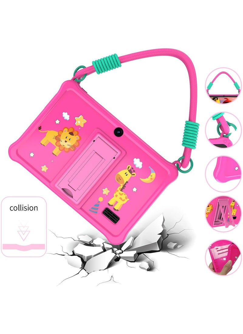 7 inch Android Tablet for Kids, WiFi Kids Tablet, 2GB+2GB RAM 32GB ROM Quad-Core Toddler Tablet with Shockproof Case, Bluetooth, WiFi, Parental Control, Dual Camera,  Educational Games (Pink)