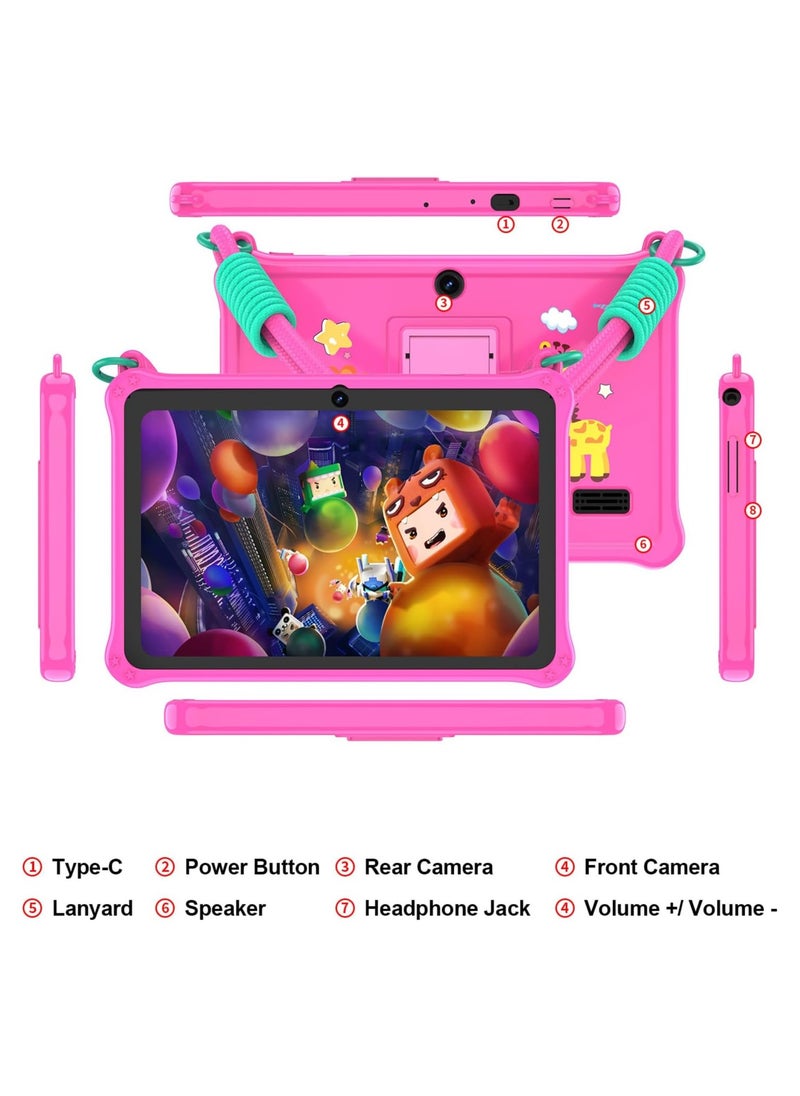 7 inch Android Tablet for Kids, WiFi Kids Tablet, 2GB+2GB RAM 32GB ROM Quad-Core Toddler Tablet with Shockproof Case, Bluetooth, WiFi, Parental Control, Dual Camera,  Educational Games (Pink)