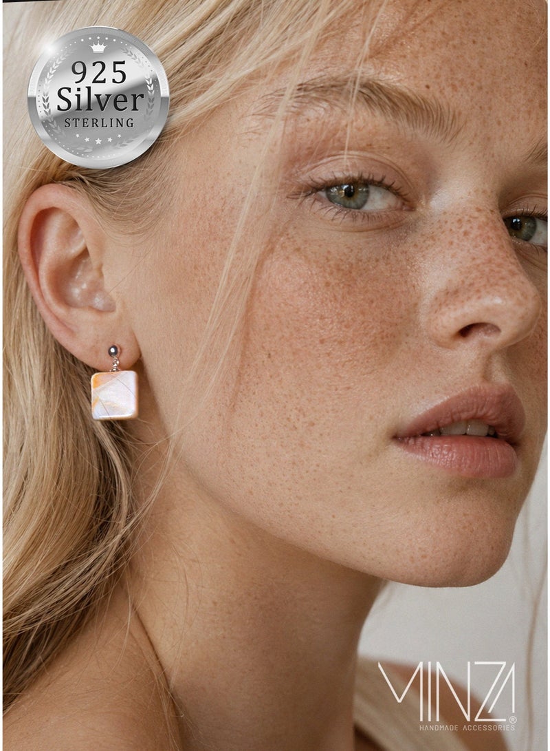 Minza ” Athens ” Pure 925 Sterling Silver, Shell stone, Handmade Earrings for Women, Stud Earrings, 0.800 grams of Silver, Jewelry for Casual & Special Occasion - Image 1