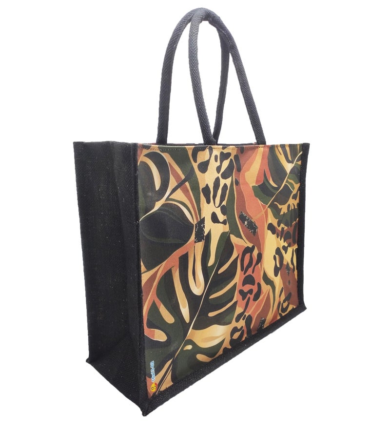 Sangra Multicolour Black Jute Bag For Men and Women Lunch Bag with Zip and handle (Leaf Pattern) - Image 2