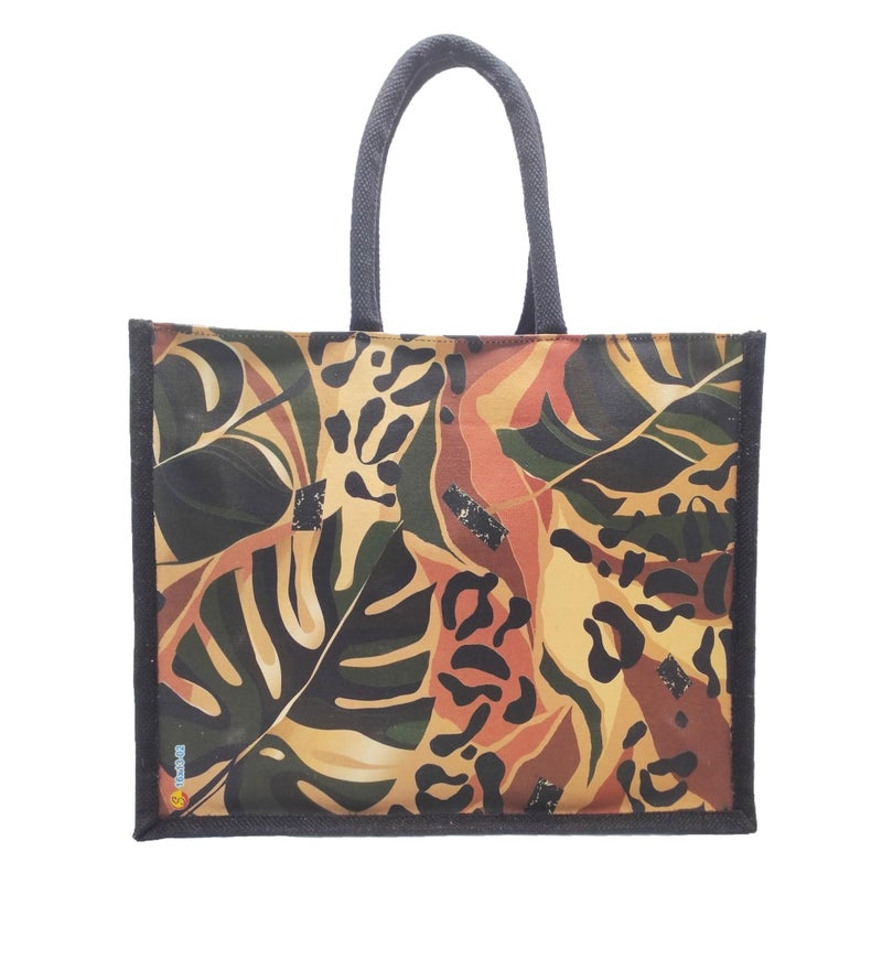 Sangra Multicolour Black Jute Bag For Men and Women Lunch Bag with Zip and handle (Leaf Pattern) - Image 1