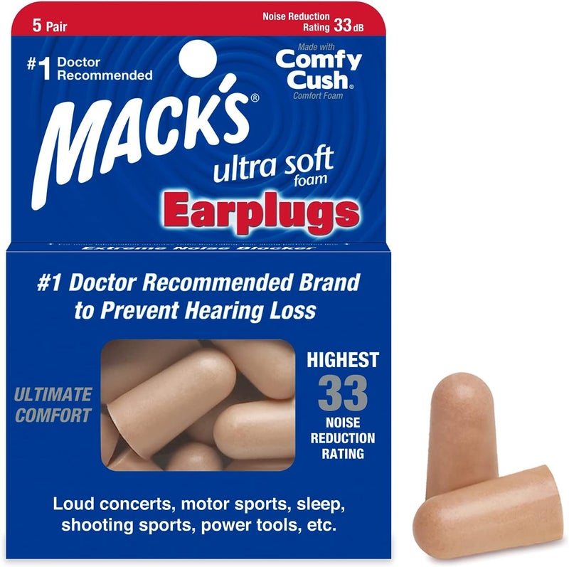 Mack's Ultra Soft Foam Earplugs - 5 Pair, 33dB Noise Reduction for Sleeping, Snoring, Travel, and Concerts - Image 1