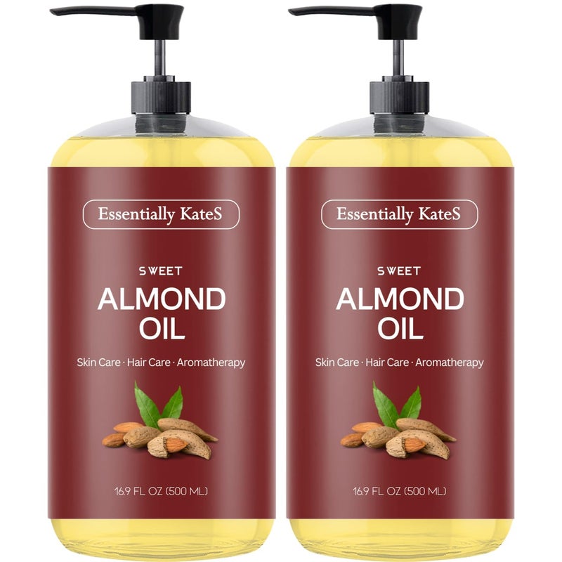 Sweet Almond Oil 33.8 Fl Oz - Pack of 2 x 16.9 Fl Oz - 100% Pure, Natural & Cold Pressed - Conditioning, Moisturizing & Nourishing - No Greasy Feel - A Natural VIT. E Source
