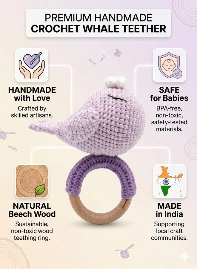 SYCAMORE EAST Handmade Crochet Whale Baby Rattle Toy with Natural Beech Wood Ring | Soft Amigurumi Infant Teether for Newborns & Toddlers | Montessori Sensory Toy for Baby Boys & Girls - Image 3