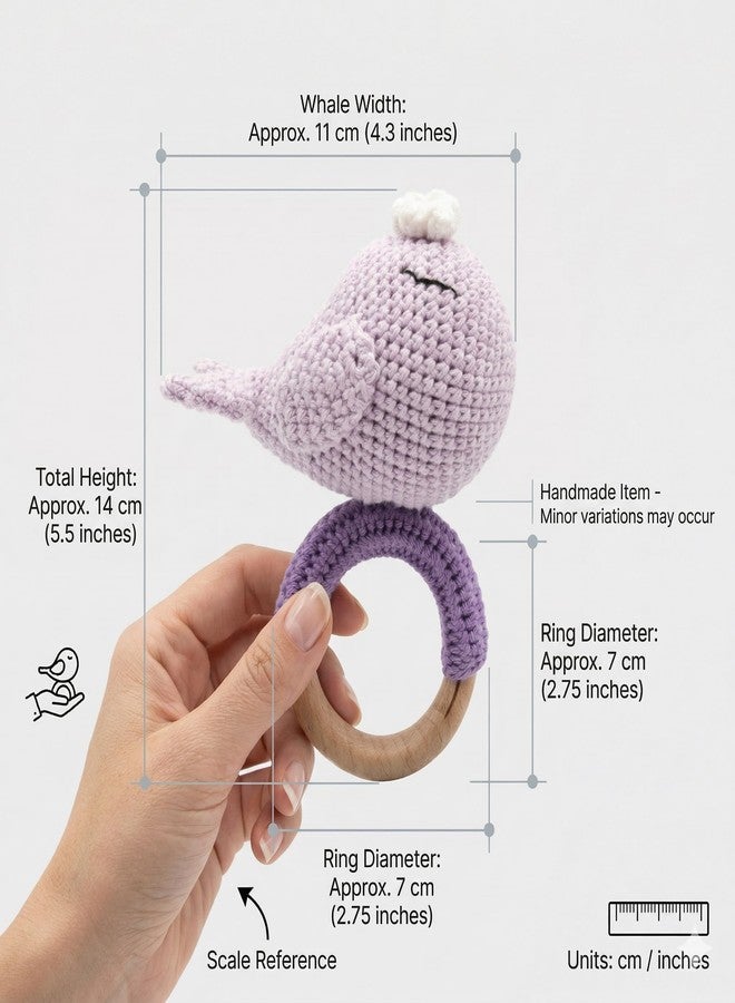 SYCAMORE EAST Handmade Crochet Whale Baby Rattle Toy with Natural Beech Wood Ring | Soft Amigurumi Infant Teether for Newborns & Toddlers | Montessori Sensory Toy for Baby Boys & Girls - Image 4