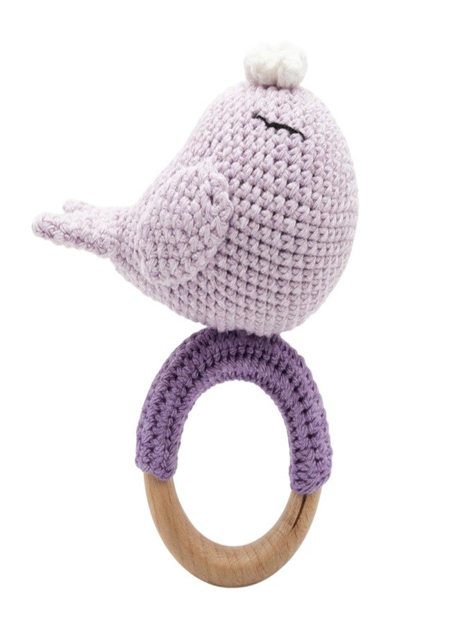 SYCAMORE EAST Handmade Crochet Whale Baby Rattle Toy with Natural Beech Wood Ring | Soft Amigurumi Infant Teether for Newborns & Toddlers | Montessori Sensory Toy for Baby Boys & Girls - Image 1
