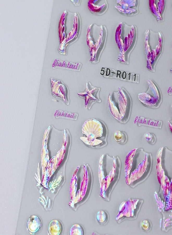 JALIYA 5D Dreamy Mermaid Tail Nail Stickers Summer Nail Decals 5D Embossed Laser Mermaid Nail Art Stickers Sea Wave Fishtail Shellfish Starfish Nail Design Stickers Self Adhsive Ocean Stickers for Nails DIY - Image 5