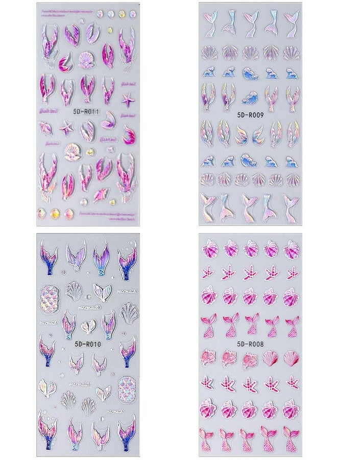 JALIYA 5D Dreamy Mermaid Tail Nail Stickers Summer Nail Decals 5D Embossed Laser Mermaid Nail Art Stickers Sea Wave Fishtail Shellfish Starfish Nail Design Stickers Self Adhsive Ocean Stickers for Nails DIY - Image 2