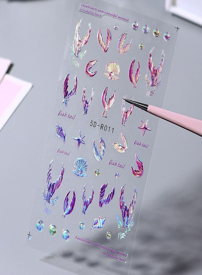 JALIYA 5D Dreamy Mermaid Tail Nail Stickers Summer Nail Decals 5D Embossed Laser Mermaid Nail Art Stickers Sea Wave Fishtail Shellfish Starfish Nail Design Stickers Self Adhsive Ocean Stickers for Nails DIY - Image 3