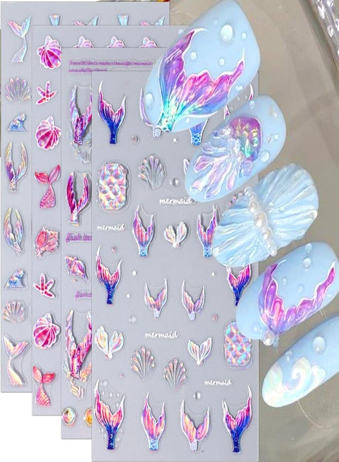 JALIYA 5D Dreamy Mermaid Tail Nail Stickers Summer Nail Decals 5D Embossed Laser Mermaid Nail Art Stickers Sea Wave Fishtail Shellfish Starfish Nail Design Stickers Self Adhsive Ocean Stickers for Nails DIY - Image 1
