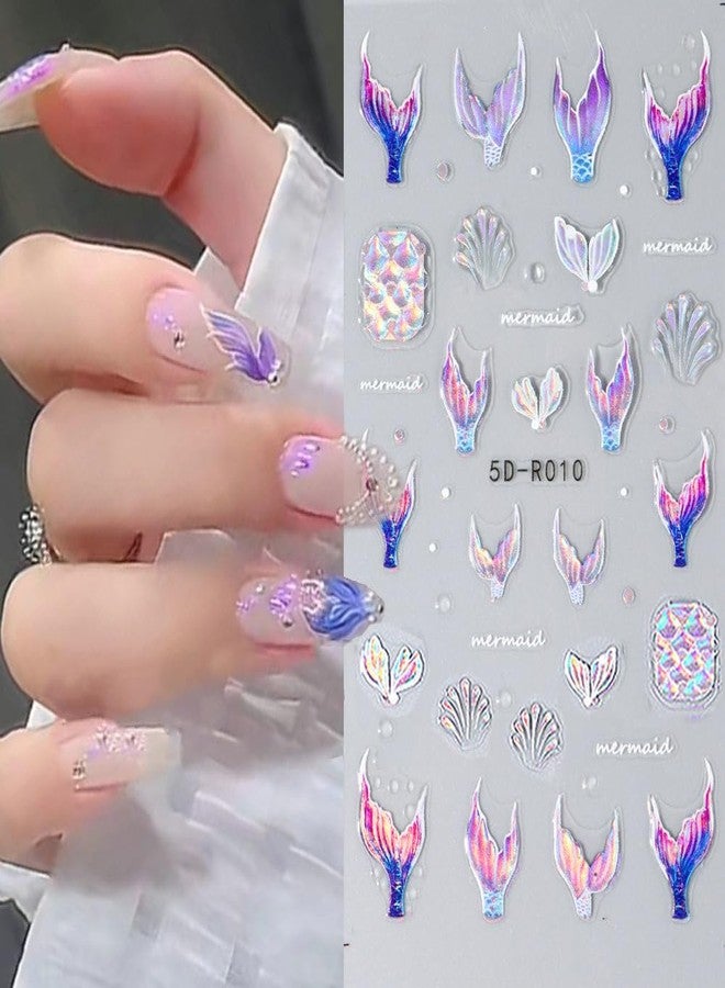 JALIYA 5D Dreamy Mermaid Tail Nail Stickers Summer Nail Decals 5D Embossed Laser Mermaid Nail Art Stickers Sea Wave Fishtail Shellfish Starfish Nail Design Stickers Self Adhsive Ocean Stickers for Nails DIY - Image 4